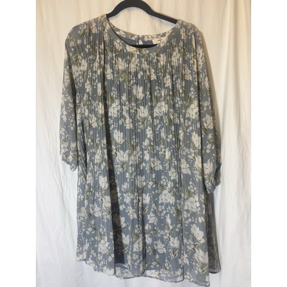 ENTRO Light Blue Floral‎ Lace Up Long Sleeve Tunic Shirt Blouse Medium HH15